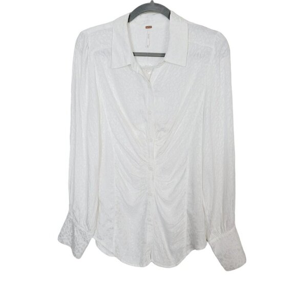Free People Bianca Blouse White/Ivory Jacquard Animal Print Sz Med Ruched NEW - Picture 3 of 14